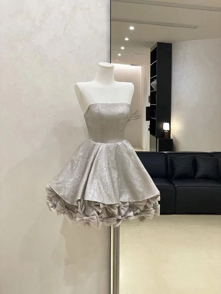 Silver A Line Strapless Sequin Homecoming Dress Cocktail Dress with Bow simple gentle atmospheric and unique desi Bring summer colors to enhance whiteness