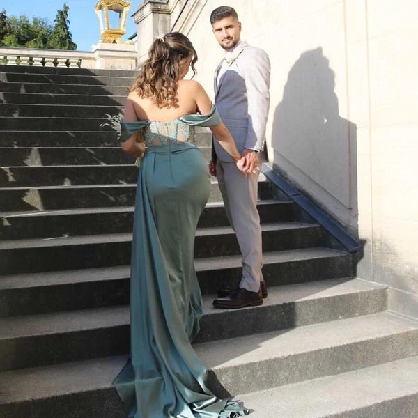 Silver Grey Off-the-Shoulder Prom Dress Split With Appliques Simple gentle atmospheric and unique design