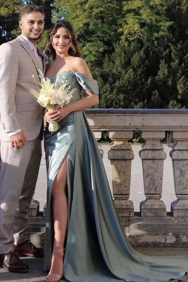 Silver Grey Off-the-Shoulder Prom Dress Split With Appliques Simple gentle atmospheric and unique design