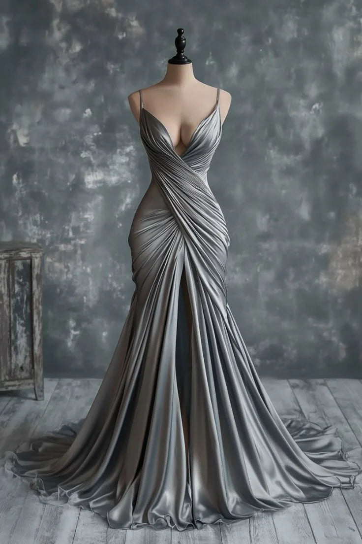 Silver gray satin dress with suspender, deep V-neck, crossed pleats, waist cinched, high slit, fishtail skirt