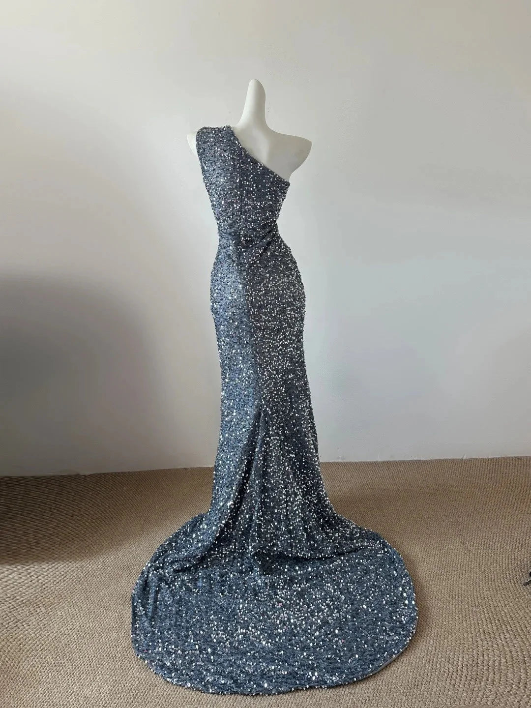 Silver grey one shoulder sequined fish tail long dress with unique hollow cut, suitable for formal dinners and parties