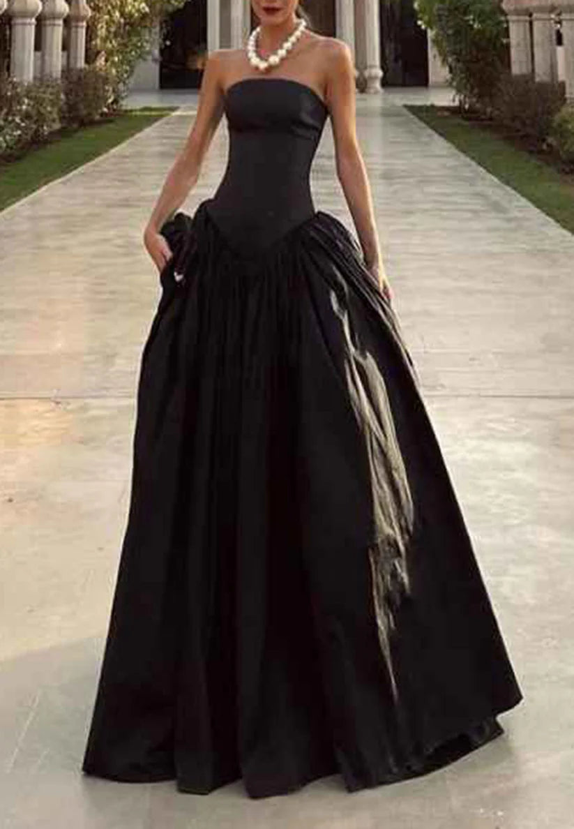 Simple A-Line Black Strapless Floor Length Pleated Sleeveless Zipper Satin Prom Evening Dress simple gentle atmospheric and unique desi Bring summer colors to enhance whiteness