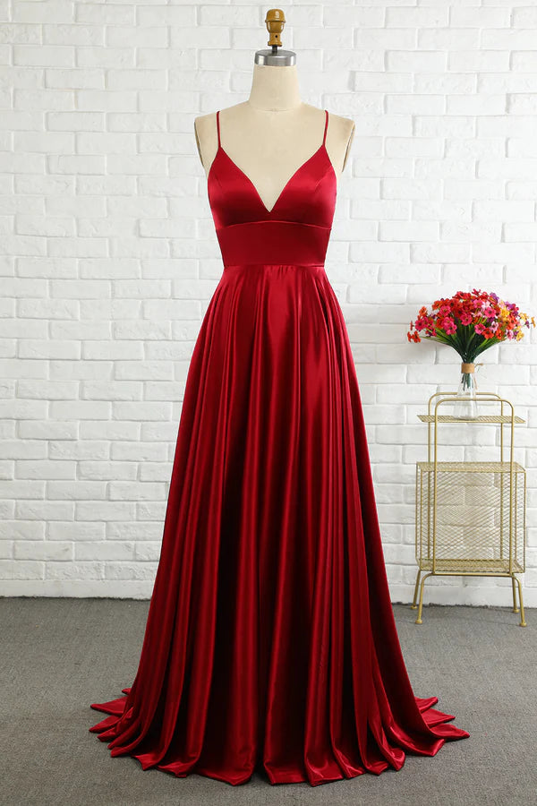 Simple A Line Spaghetti Straps Burgundy Long Bridesmaid Dress with Cirss Cross Back Simple gentle atmospheric and unique design ﻿