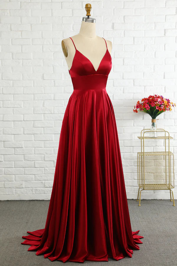 Simple A Line Spaghetti Straps Burgundy Long Bridesmaid Dress with Cirss Cross Back Simple gentle atmospheric and unique design ﻿