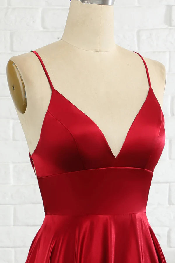 Simple A Line Spaghetti Straps Burgundy Long Bridesmaid Dress with Cirss Cross Back Simple gentle atmospheric and unique design ﻿