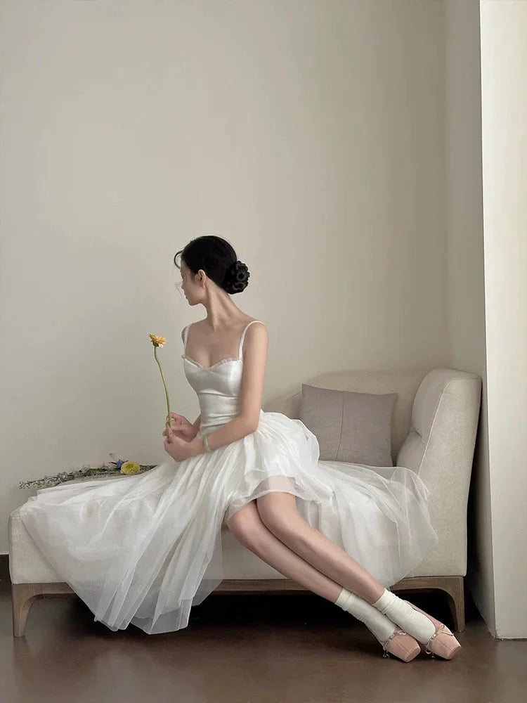 Simple A Line Spaghetti Straps Prom Gown Summer Wedding Guest Dress Bridal Guest Dresses White Wedding Outfits For Guest simple gentle atmospheric and unique desi Bring summer colors to enhance whiteness