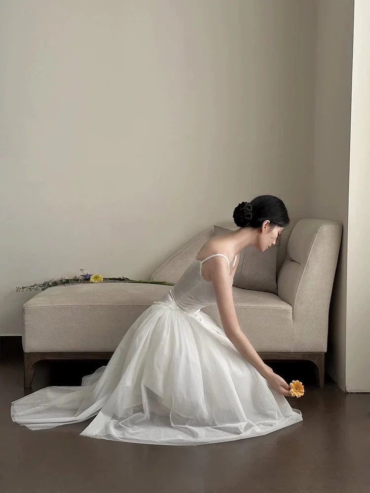 Simple A Line Spaghetti Straps Prom Gown Summer Wedding Guest Dress Bridal Guest Dresses White Wedding Outfits For Guest simple gentle atmospheric and unique desi Bring summer colors to enhance whiteness