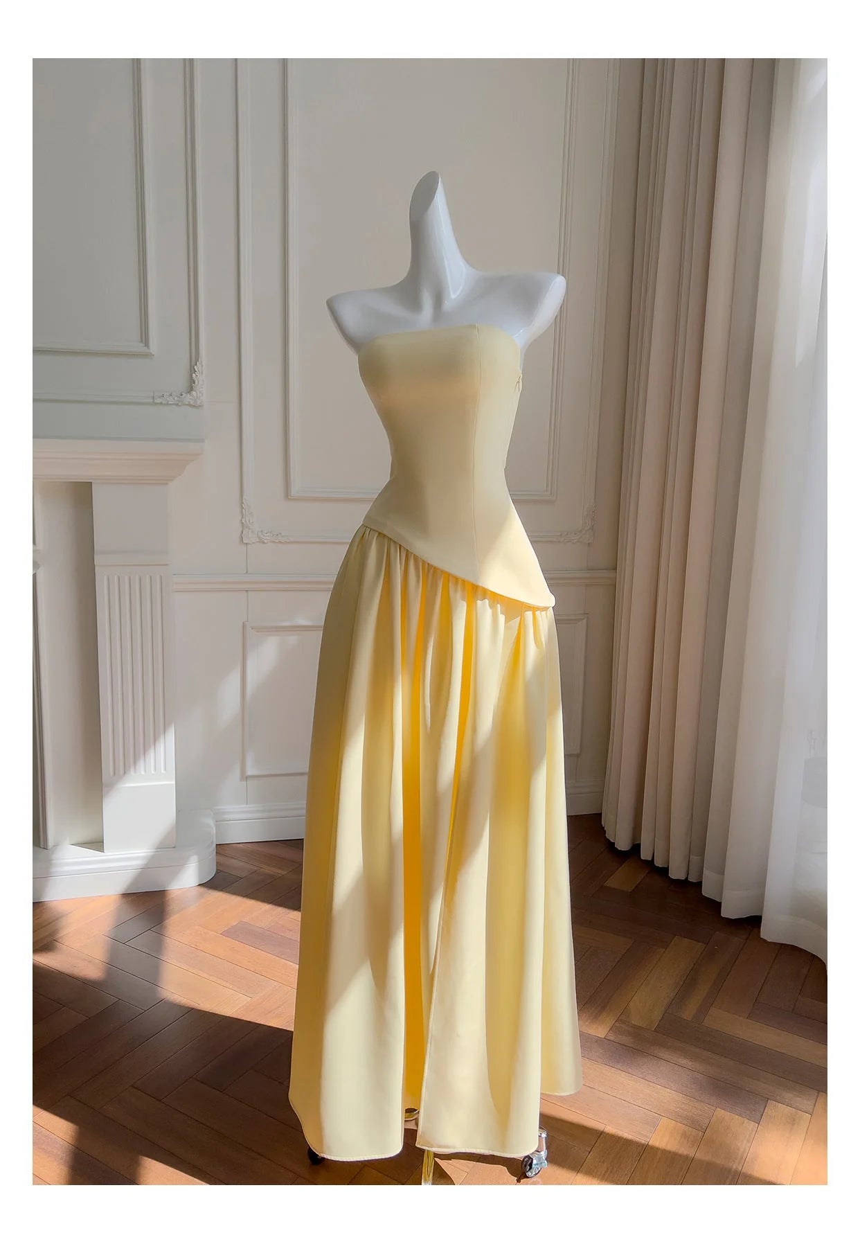 Simple A Line Strapless Yellow Chiffon Long Prom Dresses Party Dress 20th Birthday Outfits Graduation Dresses simple gentle atmospheric and unique desi Bring summer colors to enhance whiteness