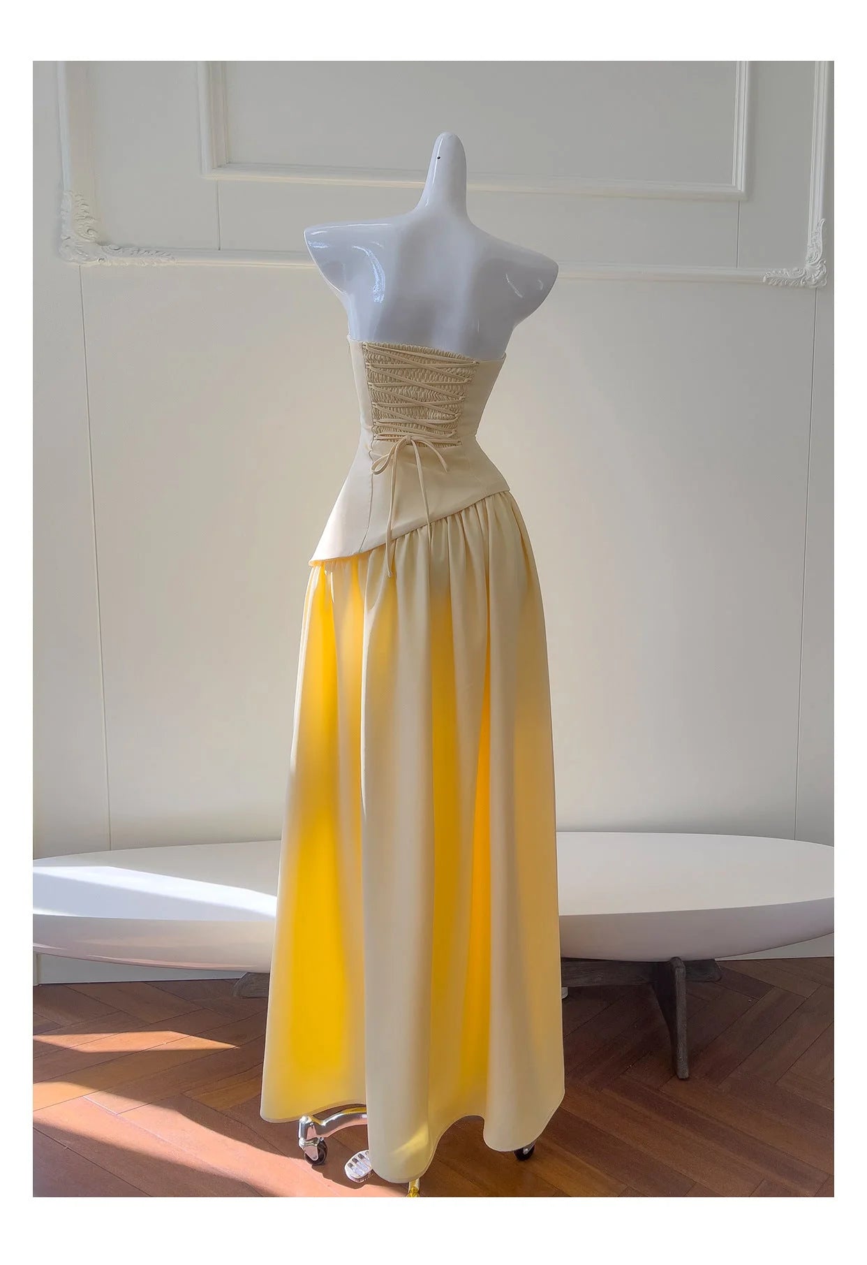 Simple A Line Strapless Yellow Chiffon Long Prom Dresses Party Dress 20th Birthday Outfits Graduation Dresses simple gentle atmospheric and unique desi Bring summer colors to enhance whiteness
