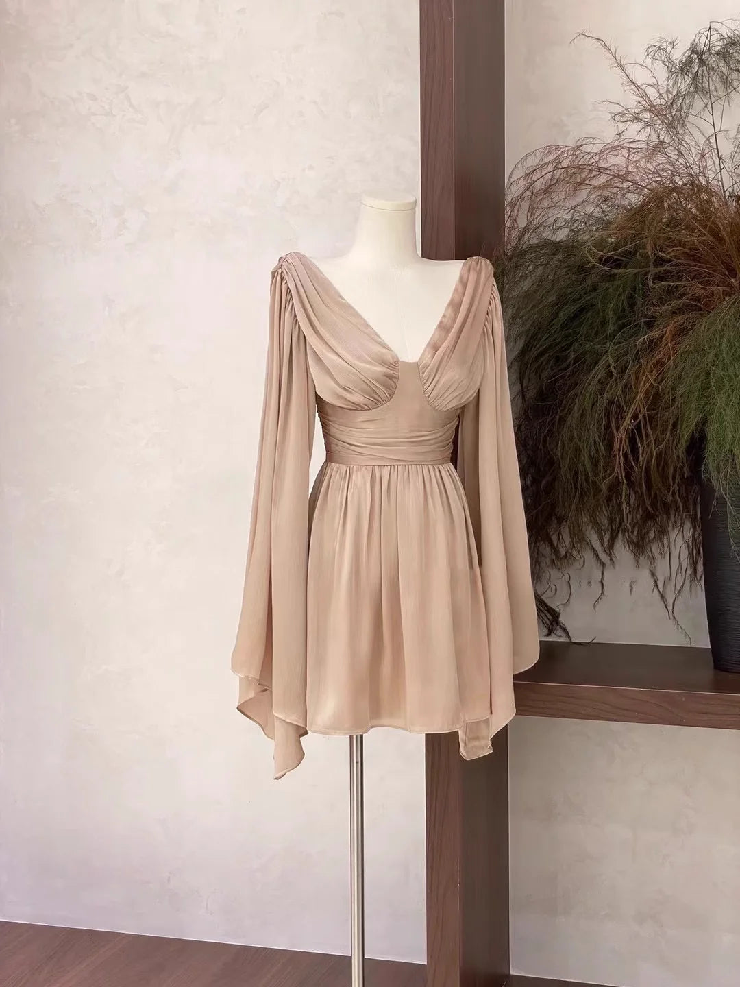 Simple A Line V Neckline Ruffled Long Sleeves Short Women's Holiday Dresses simple gentle atmospheric and unique desi Bring summer colors to enhance whiteness