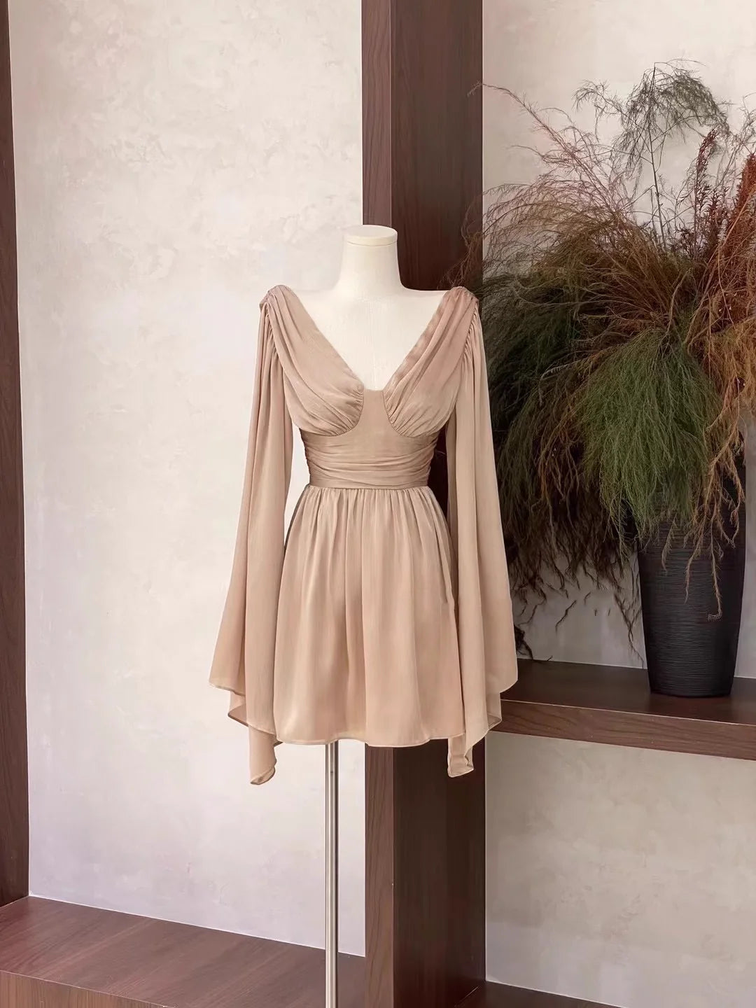 Simple A Line V Neckline Ruffled Long Sleeves Short Women's Holiday Dresses simple gentle atmospheric and unique desi Bring summer colors to enhance whiteness