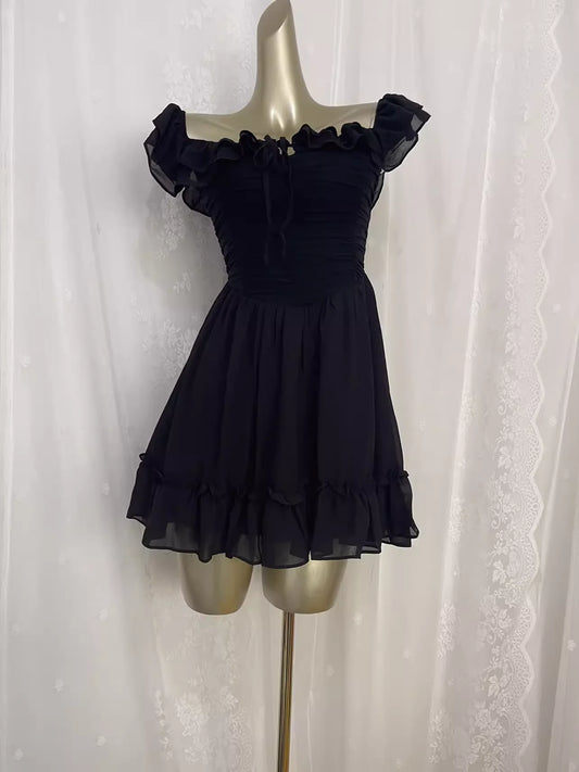 Simple A line Black Chiffon Travel Vacation Dress Short Birthday Dress simple gentle atmospheric and unique desi Bring summer colors to enhance whiteness