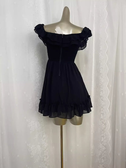 Simple A line Black Chiffon Travel Vacation Dress Short Birthday Dress simple gentle atmospheric and unique desi Bring summer colors to enhance whiteness