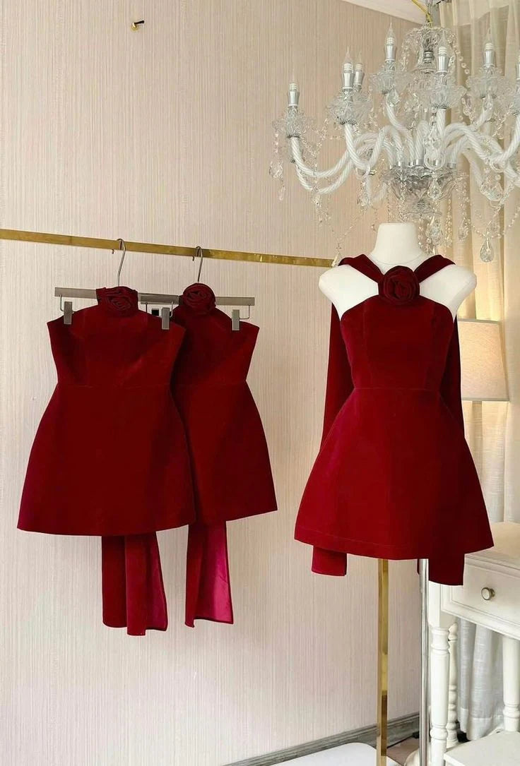 Simple A line Halter Burgundy Short Formal Homecoming Dresses Night Chic Elegant Short Dresses Party Dress 18th Birthday Outfits Hoco Dresses