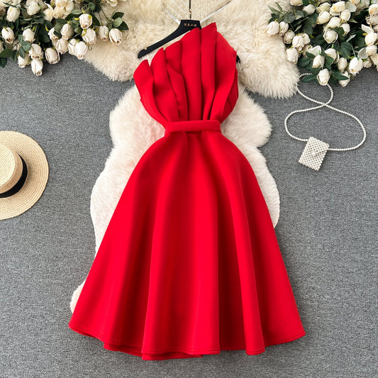 Simple A line One Shoulder Ruffles Holiday Dresses Midi Length Women's Dress simple gentle atmospheric and unique desi Bring summer colors to enhance whiteness