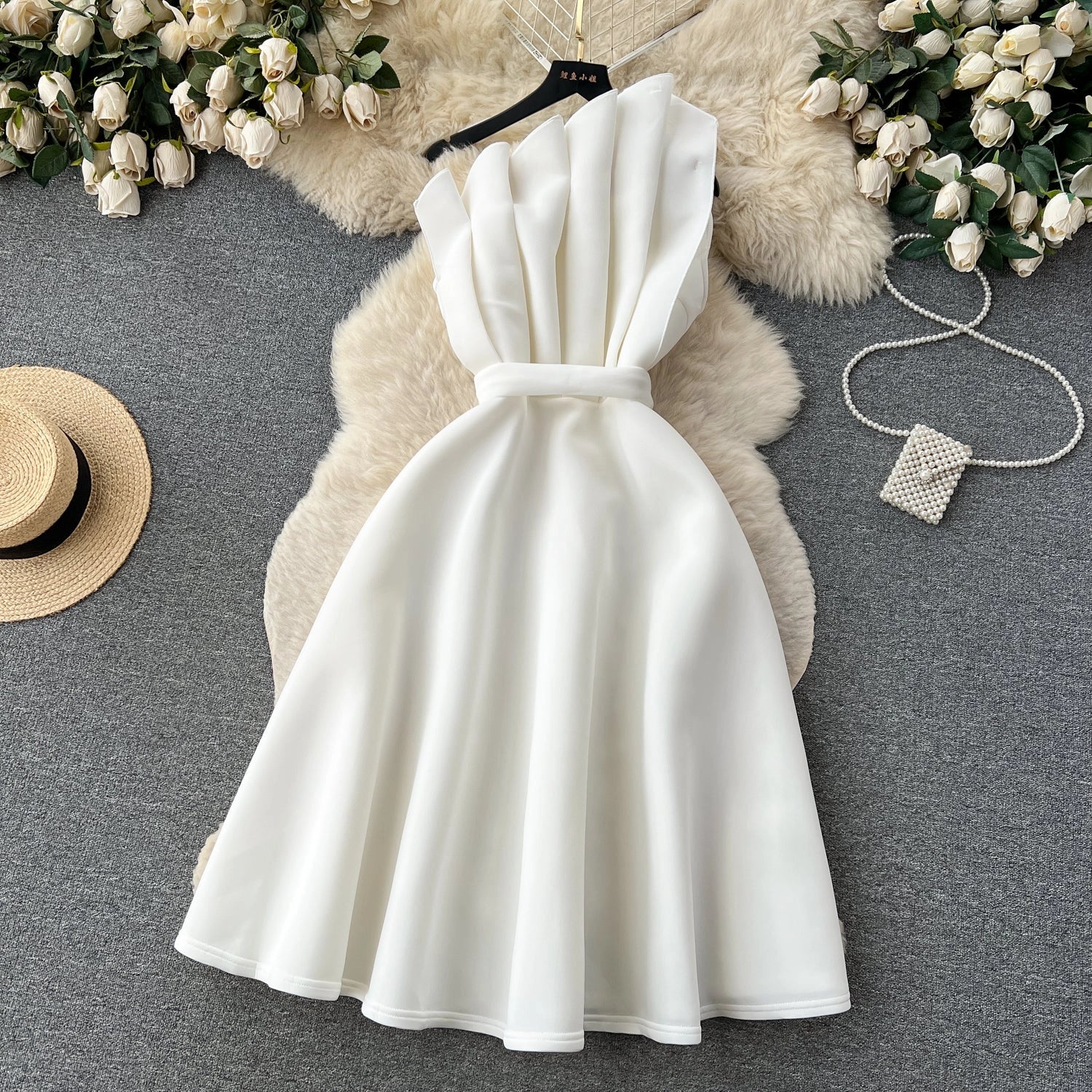 Simple A line One Shoulder Ruffles White Holiday Dresses Midi Length Women's Dress simple gentle atmospheric and unique desi Bring summer colors to enhance whiteness