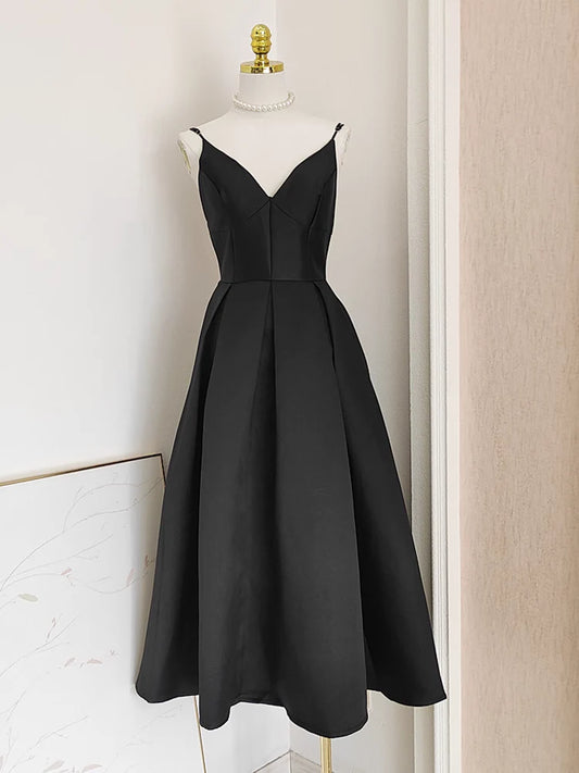 Simple A line Spaghetti Straps Black Satin Vacation Dress Women Birthday Dresses simple gentle atmospheric and unique desi Bring summer colors to enhance whiteness