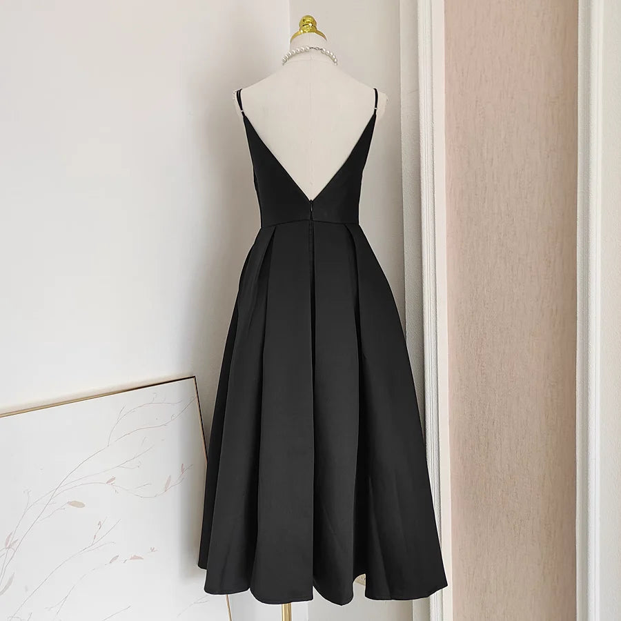 Simple A line Spaghetti Straps Black Satin Vacation Dress Women Birthday Dresses simple gentle atmospheric and unique desi Bring summer colors to enhance whiteness