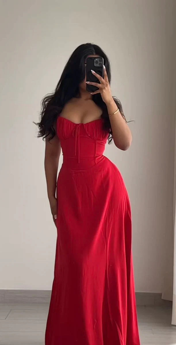 Simple A line Spaghetti Straps Red Sleeveless Long Prom Dress Formal Evening Dresses formal wear dresses simple gentle atmospheric and unique desi Bring summer colors to enhance whiteness ﻿