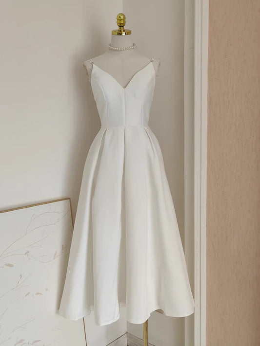 Simple A line Spaghetti Straps White Vacation Dress Satin Women Birthday Dresses  simple gentle atmospheric and unique desi Bring summer colors to enhance whiteness