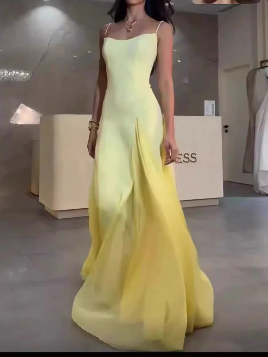 Simple A line Spaghetti Straps Yellow Chiffon Long Prom Dresses Party Dress 20th Birthday Outfits Graduation Dresses