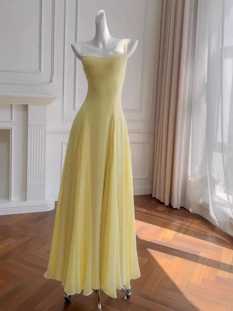 Simple A line Spaghetti Straps Yellow Chiffon Long Prom Dresses Party Dress 20th Birthday Outfits Graduation Dresses