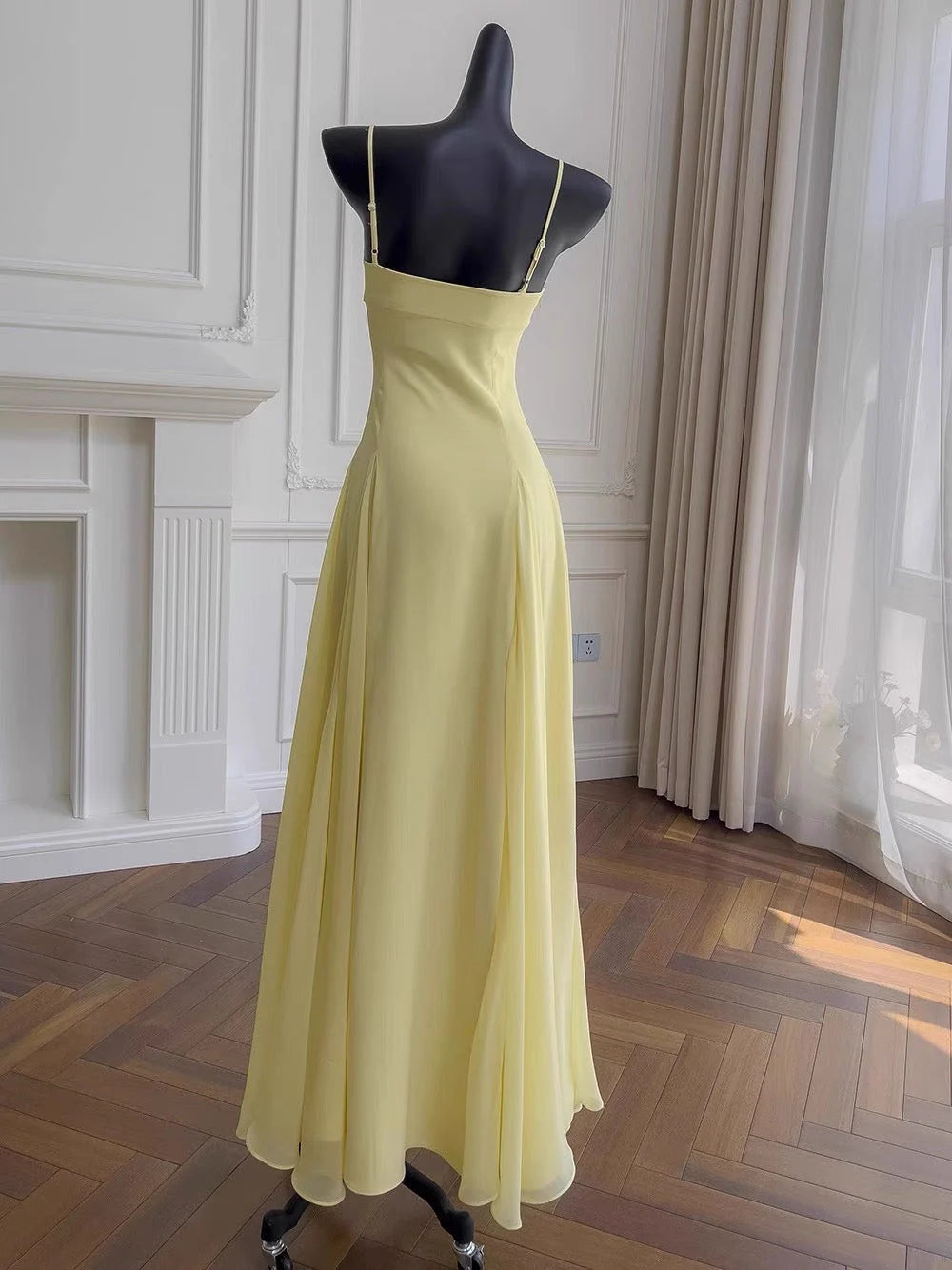 Simple A line Spaghetti Straps Yellow Chiffon Long Prom Dresses Party Dress 20th Birthday Outfits Graduation Dresses