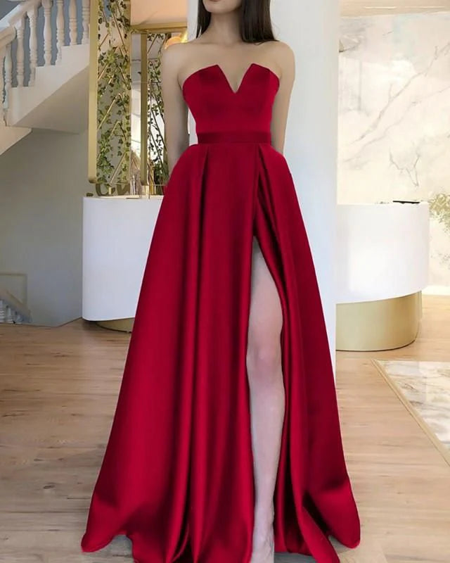 Simple A line Strapless Sleeveless Red Slit Long Evening Party Gowns Evening Special Formal Dresses Prom Dress