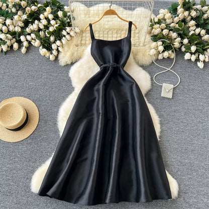 Simple A line Straps Black Satin Holiday Dresses Midi Length Women's Dress simple gentle atmospheric and unique desi Bring summer colors to enhance whiteness