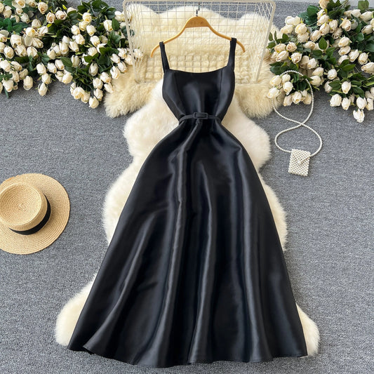 Simple A line Straps Black Satin Holiday Dresses Midi Length Women's Dress simple gentle atmospheric and unique desi Bring summer colors to enhance whiteness