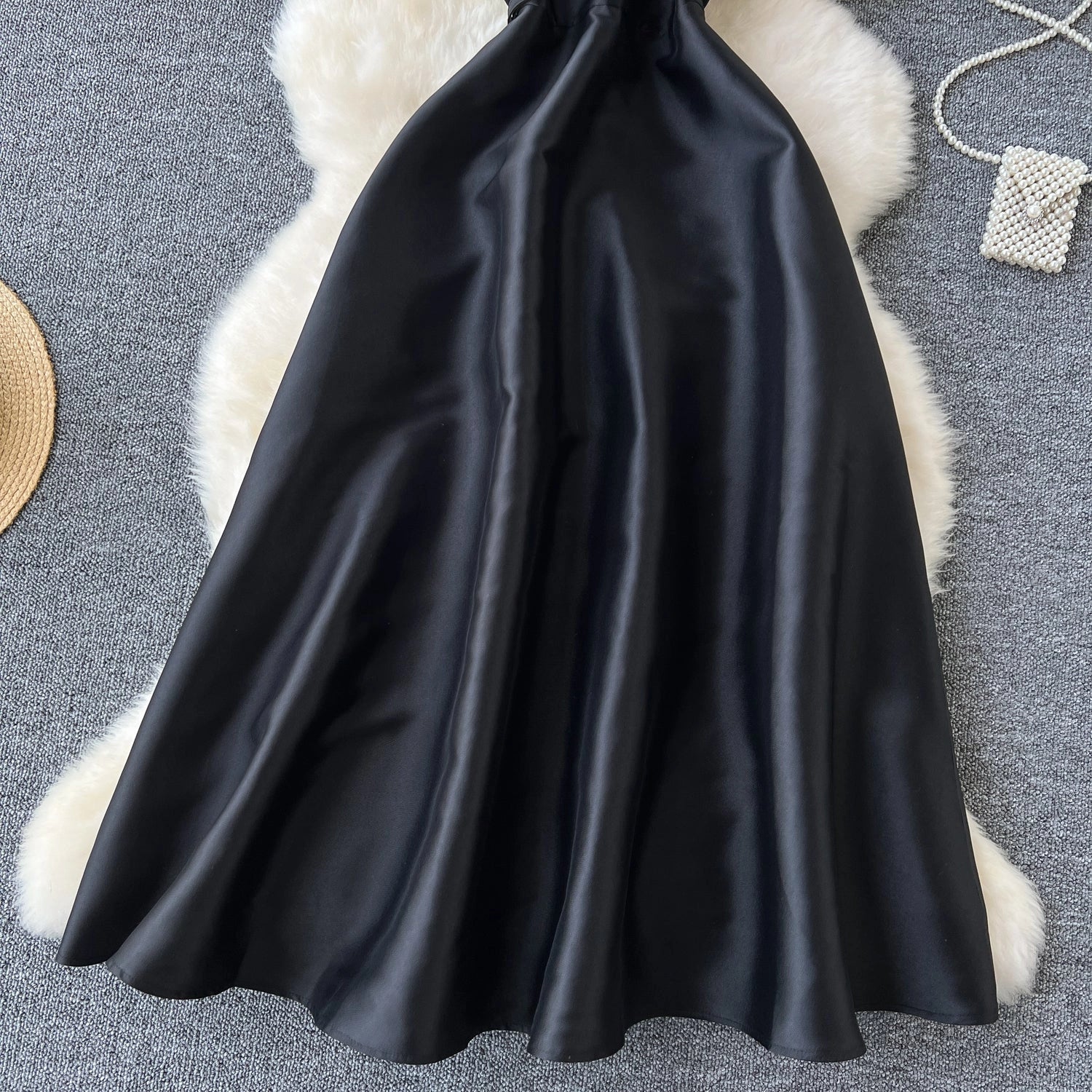 Simple A line Straps Black Satin Holiday Dresses Midi Length Women's Dress simple gentle atmospheric and unique desi Bring summer colors to enhance whiteness