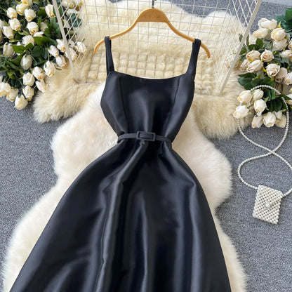 Simple A line Straps Black Satin Holiday Dresses Midi Length Women's Dress simple gentle atmospheric and unique desi Bring summer colors to enhance whiteness