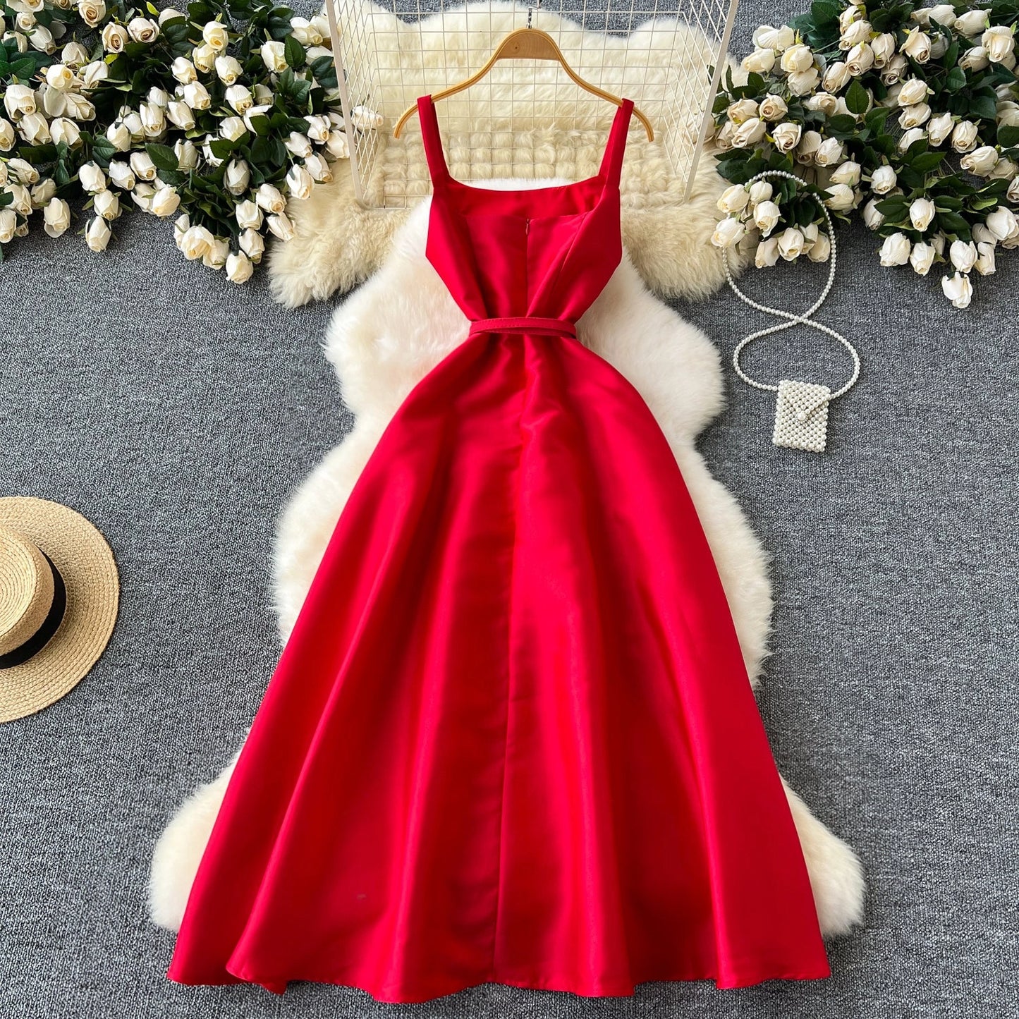 Simple A line Straps Red Holiday Dresses Midi Length Women's Dress simple gentle atmospheric and unique desi Bring summer colors to enhance whiteness
