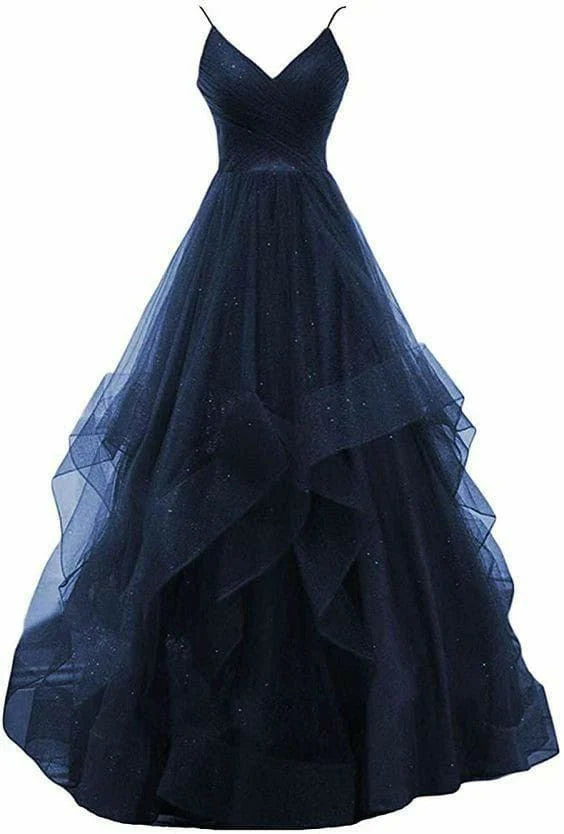 Simple Ball Gown Spaghetti Straps Navy Blue Tulle Sleeveless Long Evening Party Gowns Evening Dress Special Formal Dresses Prom Dress