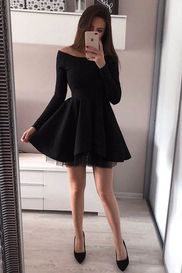Simple Black Mini Long Sleeve Homecoming Dresses A Line Short Prom Dress simple gentle atmospheric and unique desi Bring summer colors to enhance whiteness