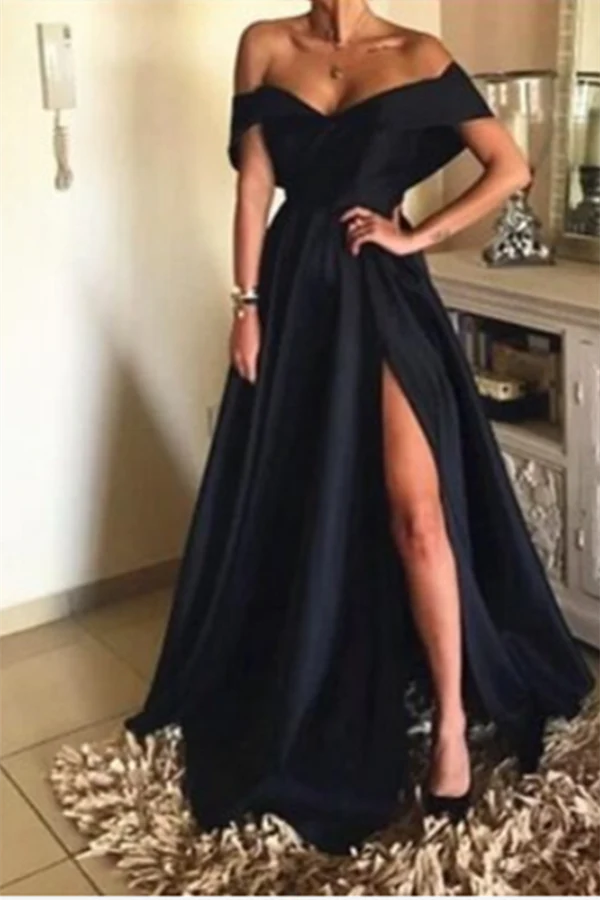 Simple Black Off-the-Shoulder Long A-line Prom Dress With Slit Simple gentle atmospheric and unique design