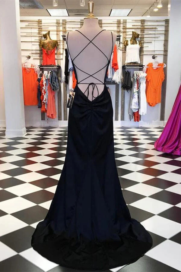 Simple Black Satin Sheath Spaghetti Straps Long Prom Dresses Evening Gown simple gentle atmospheric and unique desi Bring summer colors to enhance whiteness