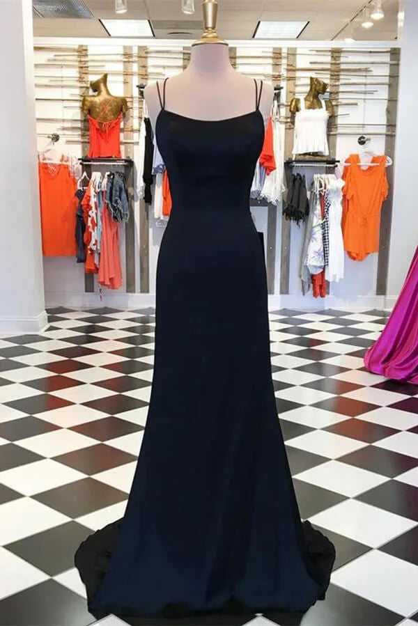 Simple Black Satin Sheath Spaghetti Straps Long Prom Dresses Evening Gown simple gentle atmospheric and unique desi Bring summer colors to enhance whiteness