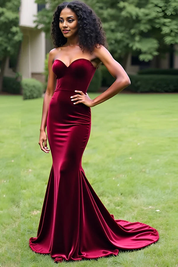 Simple Burgundy Mermaid Strapless Long Prom Dress simple gentle atmospheric and unique desi Bring summer colors to enhance whiteness