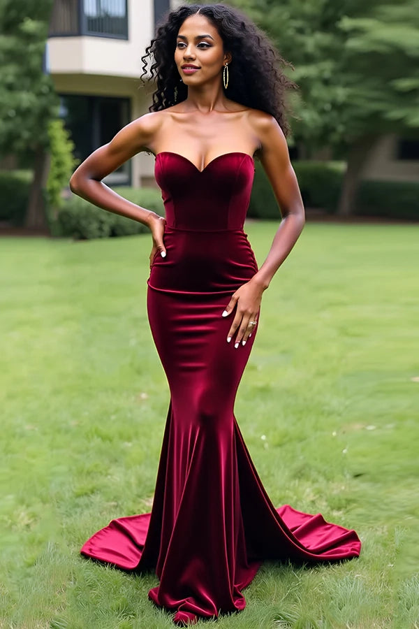 Simple Burgundy Mermaid Strapless Long Prom Dress simple gentle atmospheric and unique desi Bring summer colors to enhance whiteness