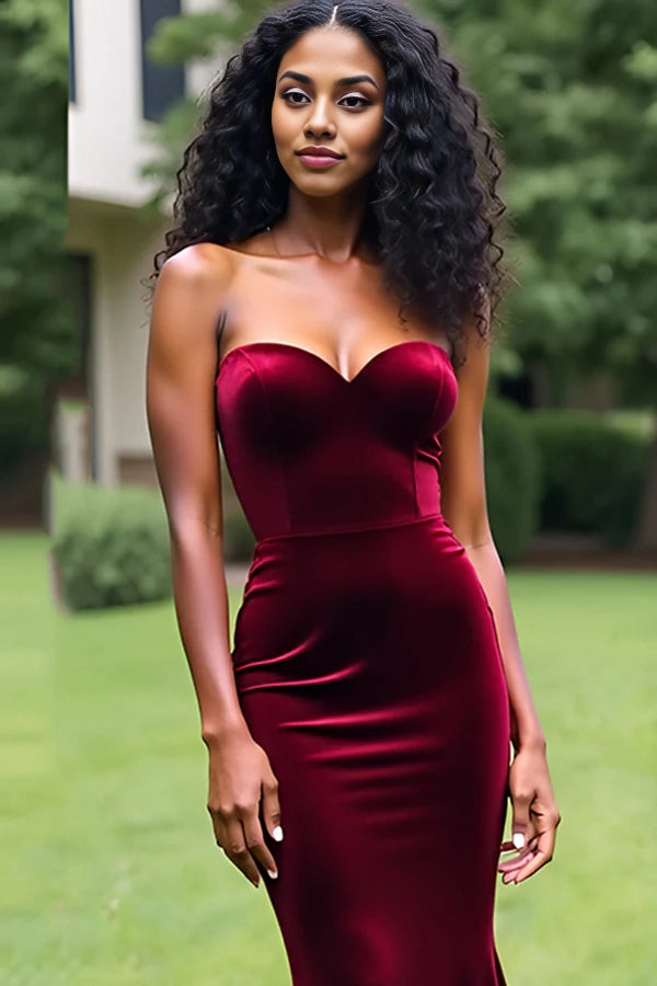 Simple Burgundy Mermaid Strapless Long Prom Dress simple gentle atmospheric and unique desi Bring summer colors to enhance whiteness