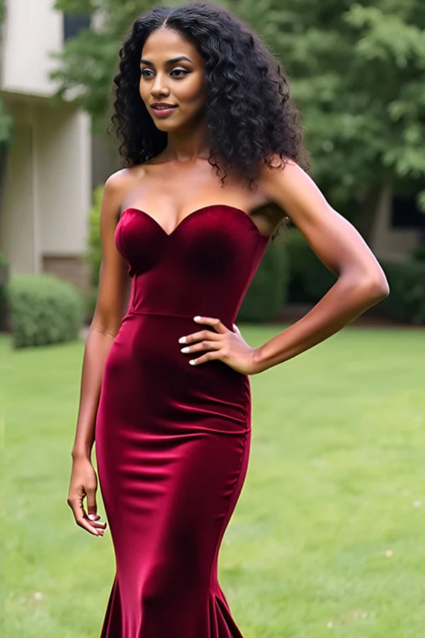 Simple Burgundy Mermaid Strapless Long Prom Dress simple gentle atmospheric and unique desi Bring summer colors to enhance whiteness