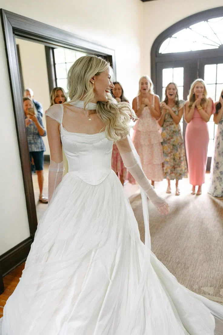 Simple Classic White A Line Strap Satin Tulle Long Prom Dress Wedding Dress  simple gentle atmospheric and unique desi Bring summer colors to enhance whiteness