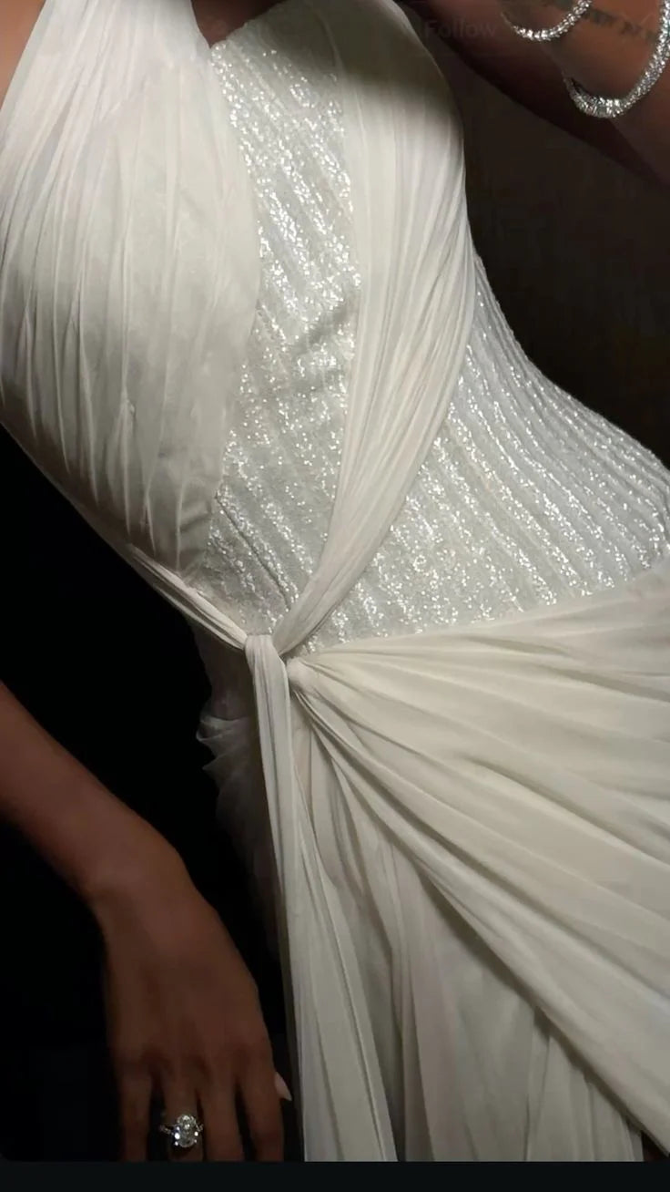 Simple Clean Sheath One Shoulder White Chiffon Long Prom Dress Evening Dress with Slit  simple gentle atmospheric and unique desi Bring summer colors to enhance whiteness