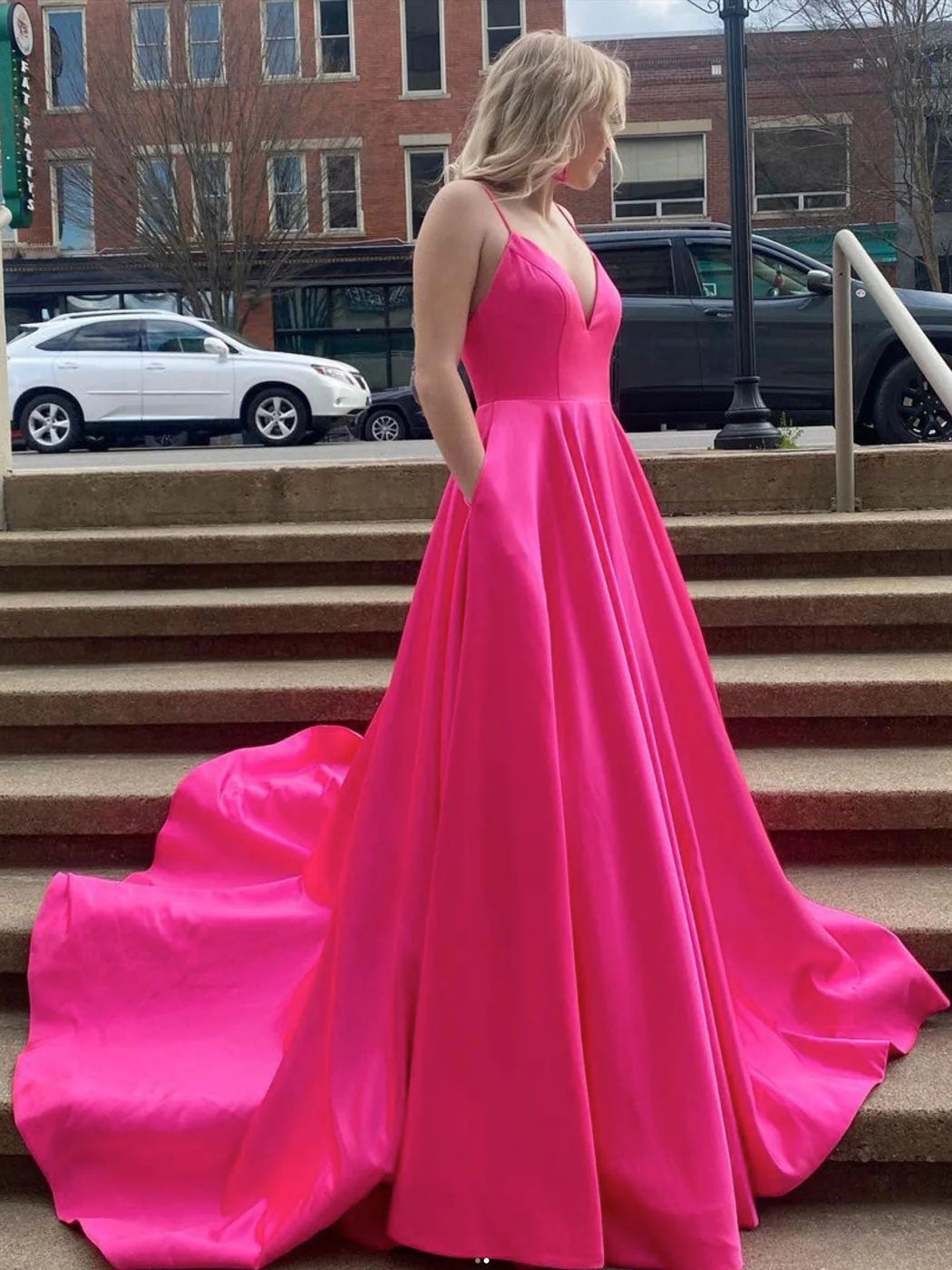 Simple Fuchsia V Neck Satin Long Prom Dress Satin Graduation Dresses with Pockets simple gentle atmospheric and unique desi Bring summer colors to enhance whiteness