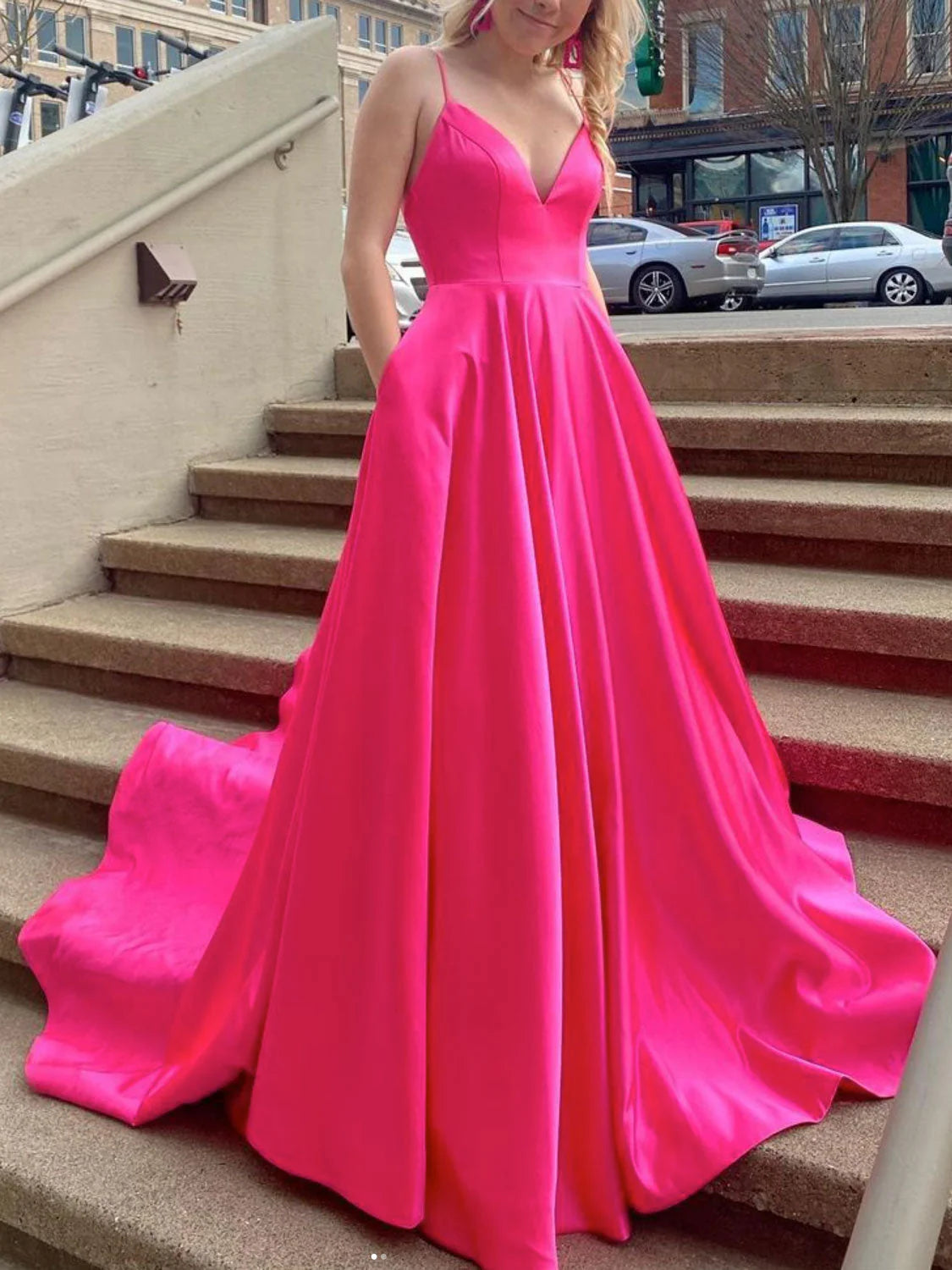 Simple Fuchsia V Neck Satin Long Prom Dress Satin Graduation Dresses with Pockets simple gentle atmospheric and unique desi Bring summer colors to enhance whiteness