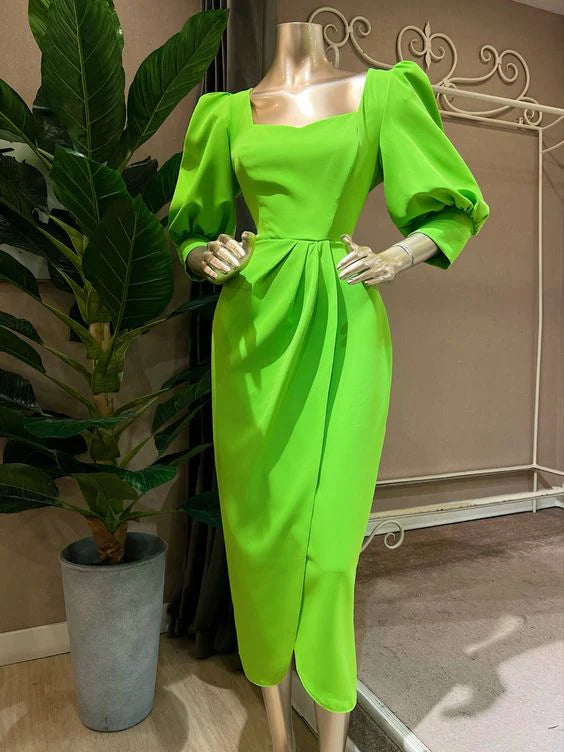 Simple Green Sheath Party Dress Midi Formal Dresses with Sleeves Discount Long Bridesmaid Dresses