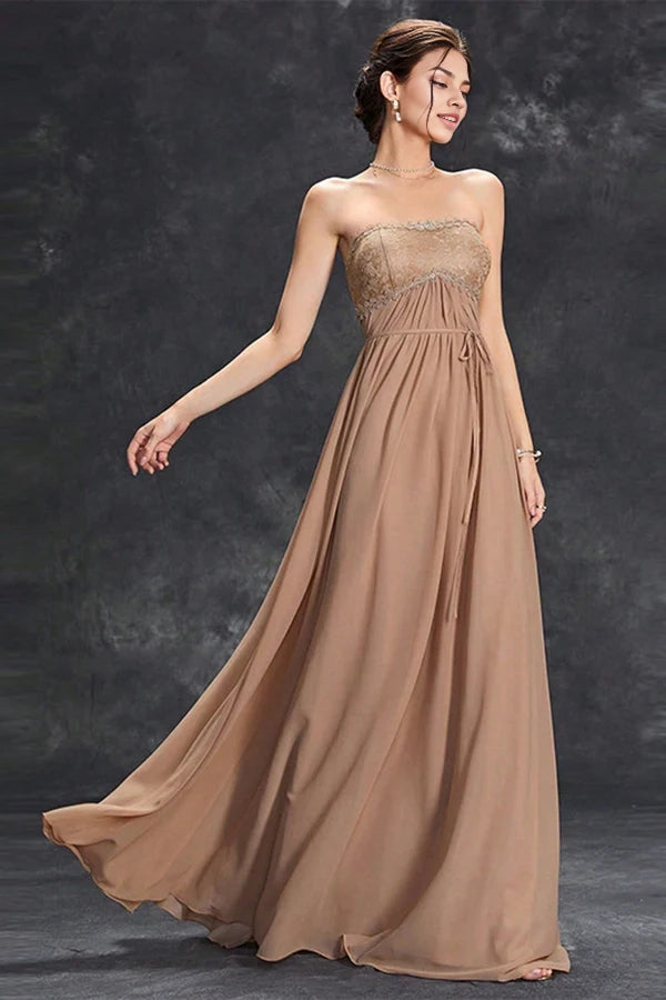 Simple Khaki A-Line Strapless Chiffon Long Prom Dress simple gentle atmospheric and unique desi Bring summer colors to enhance whiteness