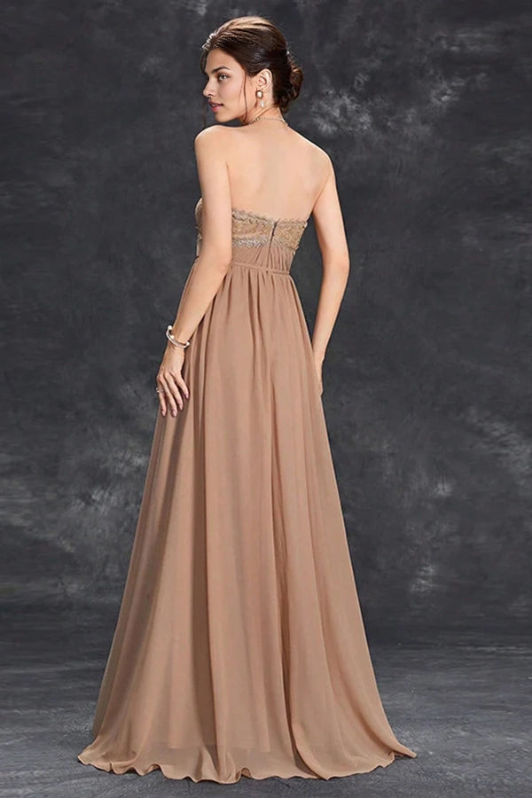 Simple Khaki A-Line Strapless Chiffon Long Prom Dress simple gentle atmospheric and unique desi Bring summer colors to enhance whiteness