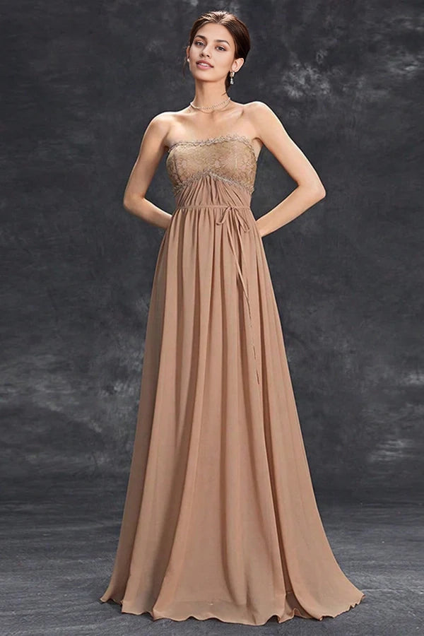 Simple Khaki A-Line Strapless Chiffon Long Prom Dress simple gentle atmospheric and unique desi Bring summer colors to enhance whiteness